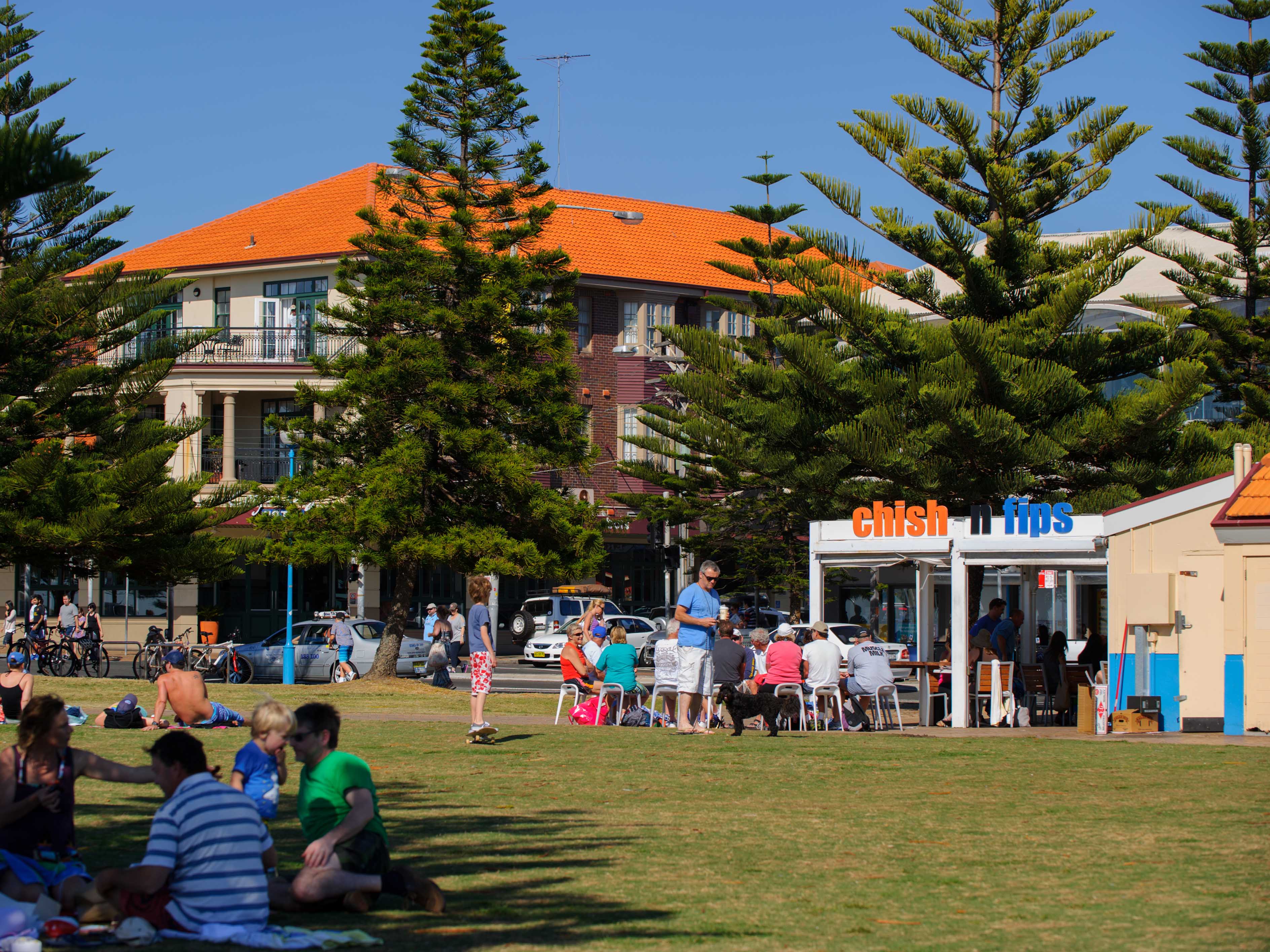 A photo of people relaxing on the grassy parkland of Goldstein Reserve in Coogee.