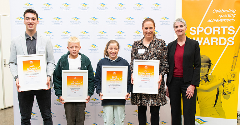 Congratulations to this year's winners of the Randwick City Awards for Sporting Achievements. From left to right: Lucas Velasque, Jaggar Phillips, Emmeline Giraud, and Gemma Dooley & Mayor Philipa Veitch.