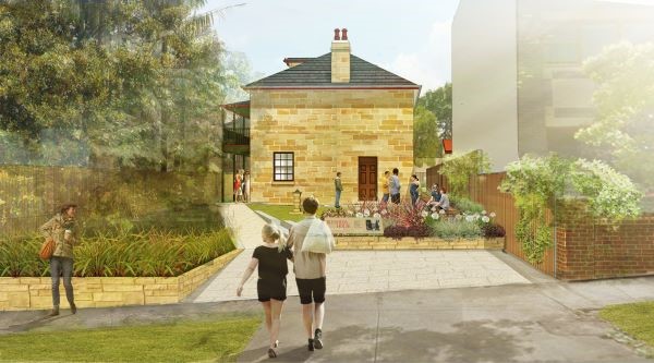 Artist's impression of Blenheim House. A man and a woman walk toward the entrance of a beautiful double story, restored sandstone building. There are large trees in a garden on the left of the entrance path, and a lower-scale garden with a seating area on the right.